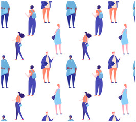 Fototapeta na wymiar Seamless pattern with flat people walking on street. Backdrop with men and women who communicate, talk. Colorful vector illustration in flat cartoon style for wallpaper, fabric print..