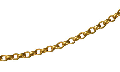 Fragment of a yellow metal chain on a white background. Isolated