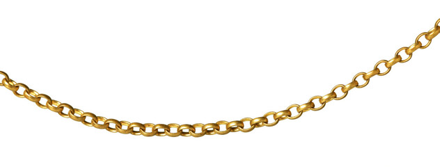 Fragment of a yellow metal chain on a white background. Isolated