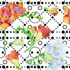 Watercolor white and red and white freesia flower on the background of dots. Seamless background pattern.