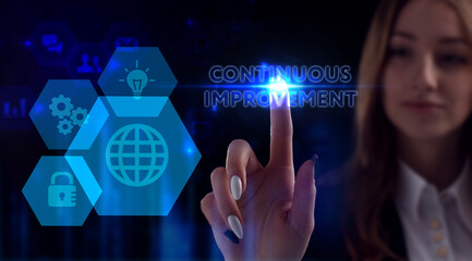 Business, Technology, Internet and network concept. Young businessman working on a virtual screen of the future and sees the inscription: Continuous improvement