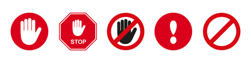 Red STOP signs. Set of road signs . No entry . Icon with hand, exclamation marc . Vector illustration