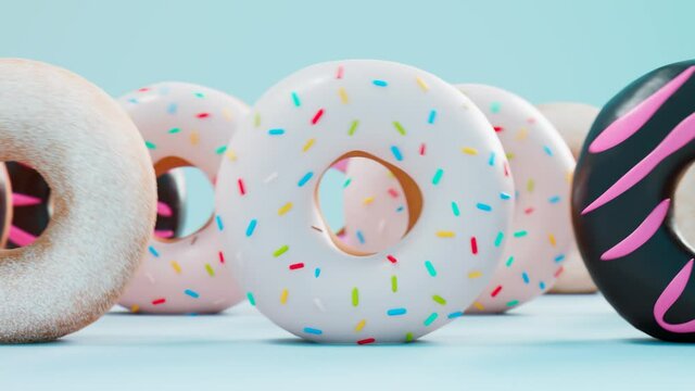 Pastel, colorful glazed donuts. Seamless looping animation. Sweet dessert.