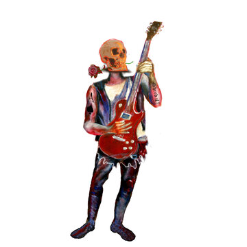 shred it guitar art, acrylic and digital isolated standing skull skeleton  guitar player  , Fantasy art with heavy rock metal skull guitarist, red rose between teeth , and tattoo of ace of spades. 