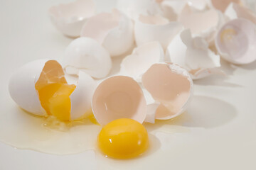 broken eggs and eggshells on a light background