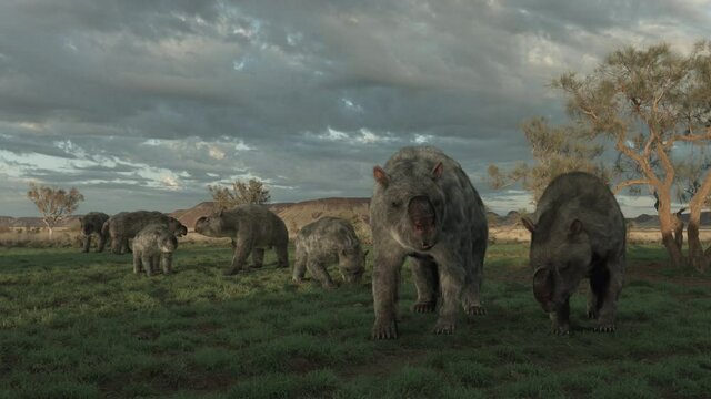 Diprotodon herd grazes on ancient Australian plain