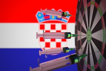 COVID-19 coronavirus disease vaccine syringes hit target against the Croatian flag. Successful research and vaccination in Croatia. 3D rendering
