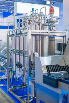 Pharmaceutical Automatic Production Equipment At Modern Pharmacy Factory Or Exhibition. Manufacturing, Pharma Industry, Medicine And Automated Technology Concept