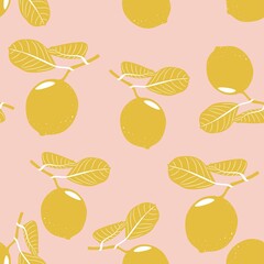 Citrus seamless pattern with yellow silhouette fruit branch on pink background. Fruits textile abstract texture.
