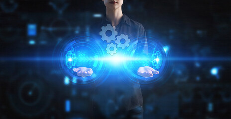 Business, Technology, Internet and network concept. Young businessman working on a virtual screen of the future and sees the inscription: