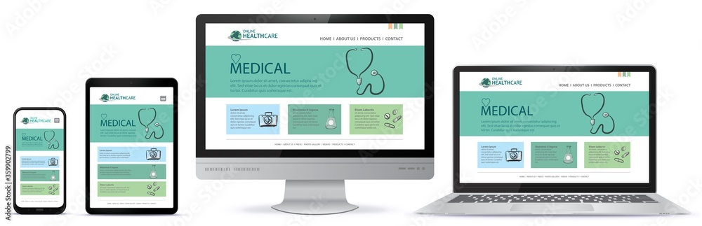Wall mural healthcare and medical user interface design for web site and mobile app. laptop, desktop computer m
