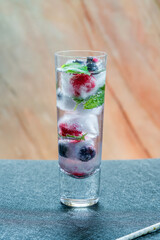 Gin and tonic cocktail with fruit ice cubes and mint - refreshing summer alcoholic drink idea