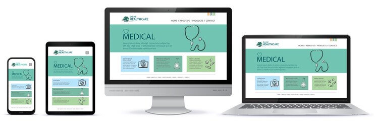 Healthcare and Medical User Interface Design for Web Site and Mobile App. Laptop, Desktop Computer Monitor, Tablet PC and Mobile Phone Vector Illustration.