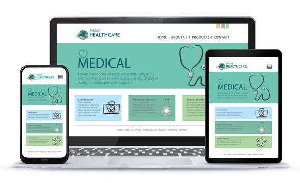 Healthcare and Medical User Interface Design for Web Site and Mobile App. Laptop, Tablet PC and Mobile Phone Vector Illustration.
