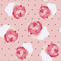 Floral seamless pattern with pink rose flowers on polka dots pink background. © Виктор Фесюк