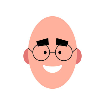 Vector illustration of a smiling bold man wearing glasses. Portrait of handsome cheerful face with glasses. Avatar, profile, ID picture of adult person. Human bold head illustration