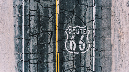 Aerial view of touristic landmark of America located in desert lands, bird’s eye view of Route 66...