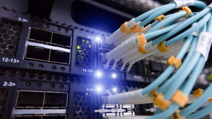 Infrastructure Network Telecommunication Rack. Internet fibre cable.