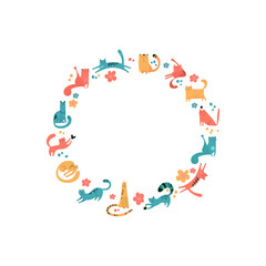 Round frame of drawn cats for printing, textiles, t-shirts, posters. Cute fluffy animals. Frame design on a white background. Vector pets of different colors play, sit, walk, sleep