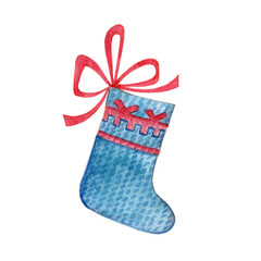 Christmas tree toy, blue sock with red ornament for gift. Watercolor illustration isolated on white.