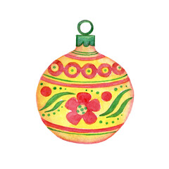Christmas tree toy with ornament. Watercolor illustration isolated on white.