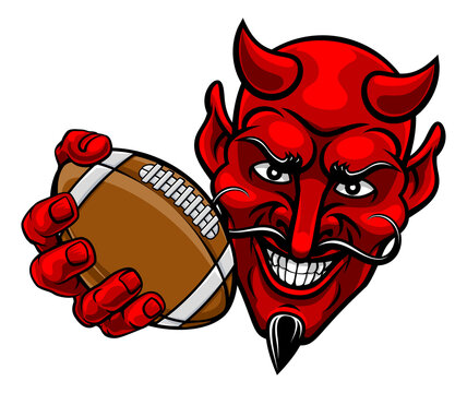 A devil or satan American football sports mascot cartoon character holding a ball