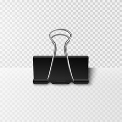 Blank paper sheet with binder clip isolated on transparent background. Vector black metal office element mockup