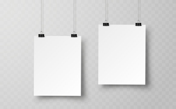 Blank paper sheets hanging on binder clip isolated on transparent background. Vector white posters with shadow A4 format mockup