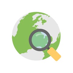 Magnifying glass on the Earth. Search on internet flat icon illustration.