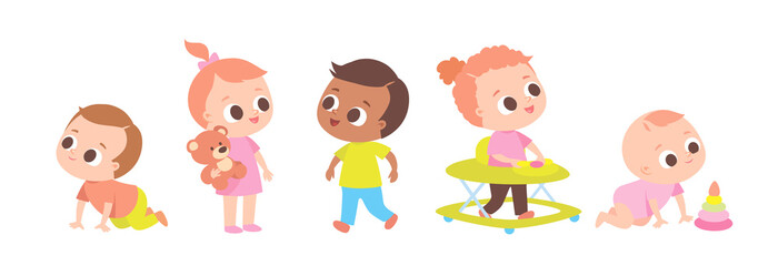 Fototapeta premium Crawling baby. Baby walking around in baby walker.