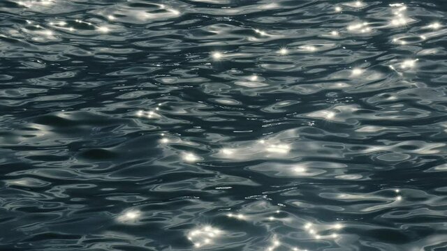 Slow motion of golden glittering sea surface, abstract background.