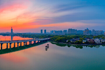 Dusk scenery of Li Lake bridge, Wuxi City, Jiangsu Province, China