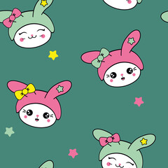 Children's seamless pattern with cute rabbits heads. Animal faces in pink hat with a bow on a green background. Print for girls' Clothing, fabric, Wallpaper, packaging paper.