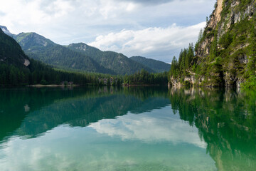 Naklejka na ściany i meble Lago di Braies, a picturesque lake in the Dolomites.