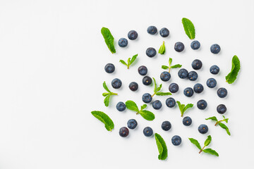 Top view of fresh blueberries on white background