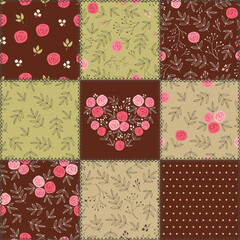 Cute vintage patchwork background with different flowers and leaves patterns for fashion, textile, gift wrap, wallpapers, print and scrapbook. Vector illustration.