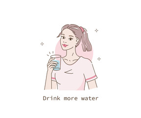 Beauty Girl Take Care of her Health and Drink More Water. Adorable Woman Drinking Water from Glass. Stay Hydrated and Healthy Lifestyle Concept. Flat Vector Illustration and Icons set.
