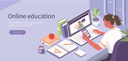 
Student Learning Online at Home. Character Sitting at Desk, Looking at Laptop and Studying with  Smartphone, Books and Exercise Books. Online Education Concept. Flat Isometric Vector Illustration.
