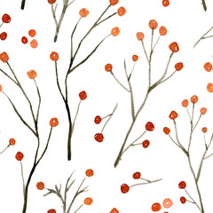 Watercolor pattern of tree branches with red berries. Hand-drawn christmas illustration isolated on the white background.