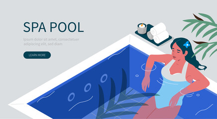 Beauty Woman Relaxing in Thermal Spa Pool. Girl lying in Water in Luxury Tropical Resort. Hydrotherapy and Bodycare Wellness Concept. Flat Isometric Vector Illustration.