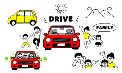 半袖家族と車のドライブイラストセット（シンプル）