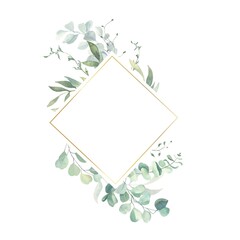 Fototapeta na wymiar Watercolor hand painted frame with green and gold leaves.Watercolor floral illustration with branches - for wedding invite, stationary, greetings, wallpapers, background.
