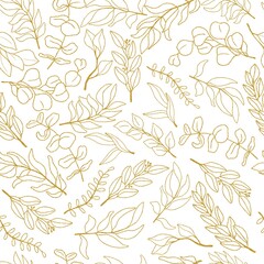 Watercolor floral seamless pattern with gold different  leaves on white background. Autumn seamless pattern.