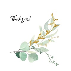 Watercolor floral illustration collection- green and gold leaf bouquet collection, for wedding stationary, greetings, wallpapers, background. Gold and green leaves.