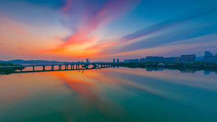 Dusk scenery of Li Lake bridge, Wuxi City, Jiangsu Province, China