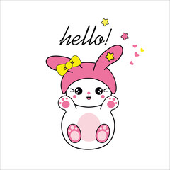 Cute white rabbit with hearts and text Hello! A character in a pink hat with a bow. Print for girls' Clothing, illustration, greeting card. vector. japanese anime. kawaii emotions.