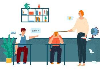 Bullying looser in school, sad boy teenager in stress of humiliation from schoolmate and teacher vector illustration. Bullying children, agression, victim of ridicule, harassment and abuse.