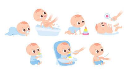 Cute newborn baby toddler. Care about infant baby. Set of baby characters. Baby sitting, crawling, eating. Toddler crawling on the floor. Child day routine.