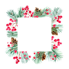 Christmas square frame for congratulations. Winter twig decoration.