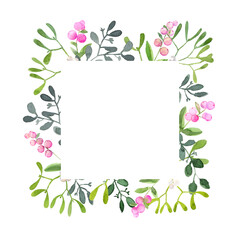 Christmas square frame for congratulations. Winter twig decoration.